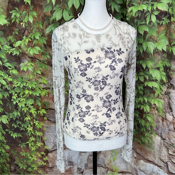 FREE PEOPLE Cream and Black Mesh Stretch Betty Garden Fitted Top, M - Picture 2 of 10